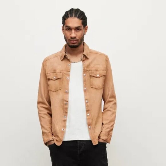 AllSaints Men's New Goat Soft Suede Leather Button Up ShirtSize 2XLNatural